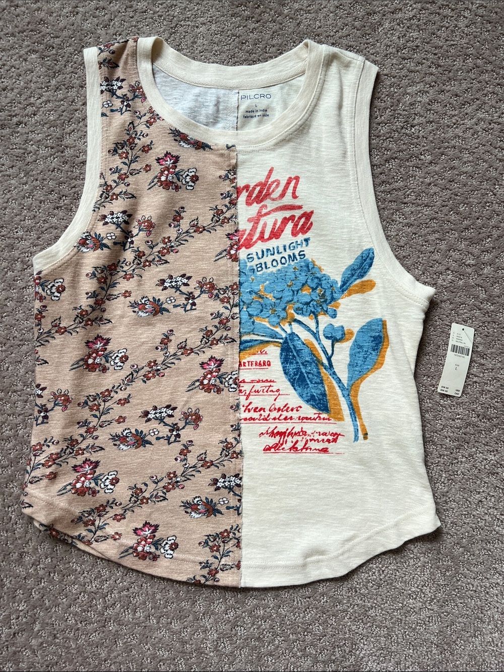 Pilcro Split Floral & Botanical Graphic Tank - Beige, Cream, Blue